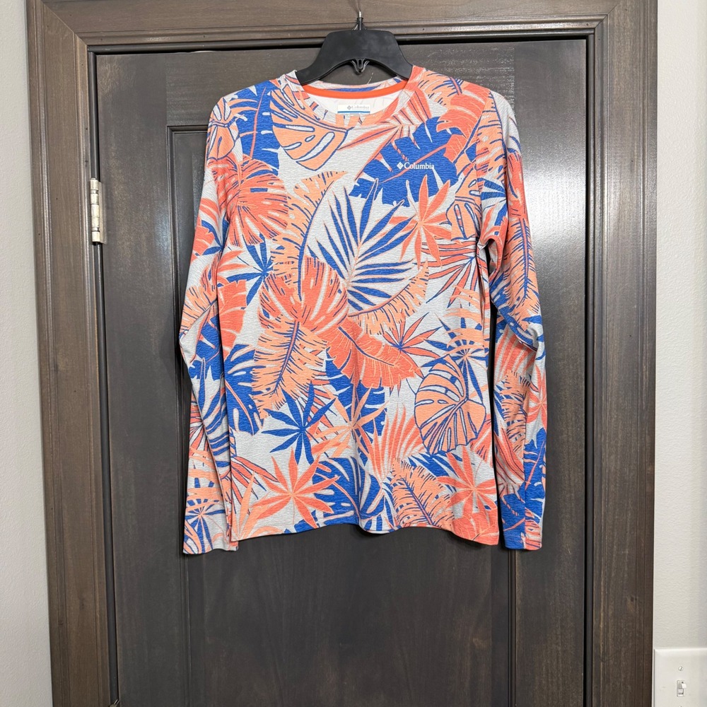Columbia PFG Omni-Wick Long Sleeve Shirt XL Tropical Palm Print Orange Blue Grey